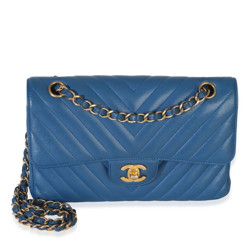 Chanel Blue Chevron Lambskin Small Classic Double Flap Bag